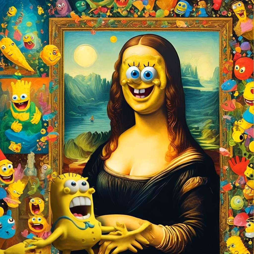 A realistic image of Mona Lisa and SpongeBob fusion.