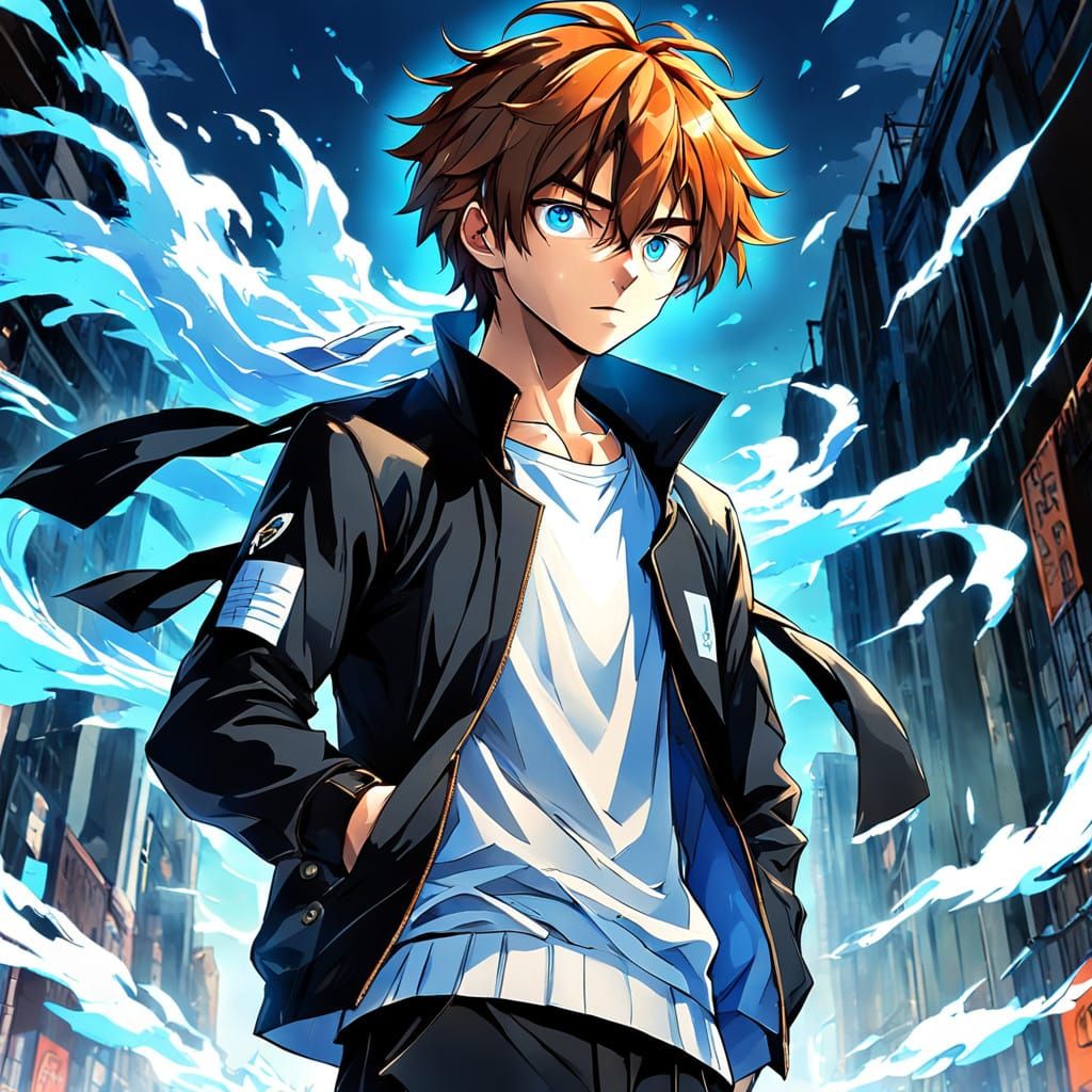 Sleek Anime Hero with Intense Blue Eyes