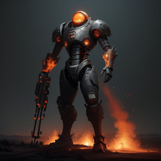 Burning Automaton Stands Firm in Cyberpunk Landscape