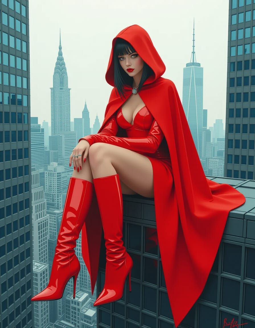 Giant Woman in Red Boots Sits on Skyscraper