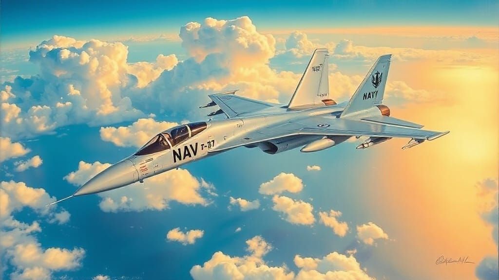 Navy Interceptor Aircraft Soaring in Aviation Art Style