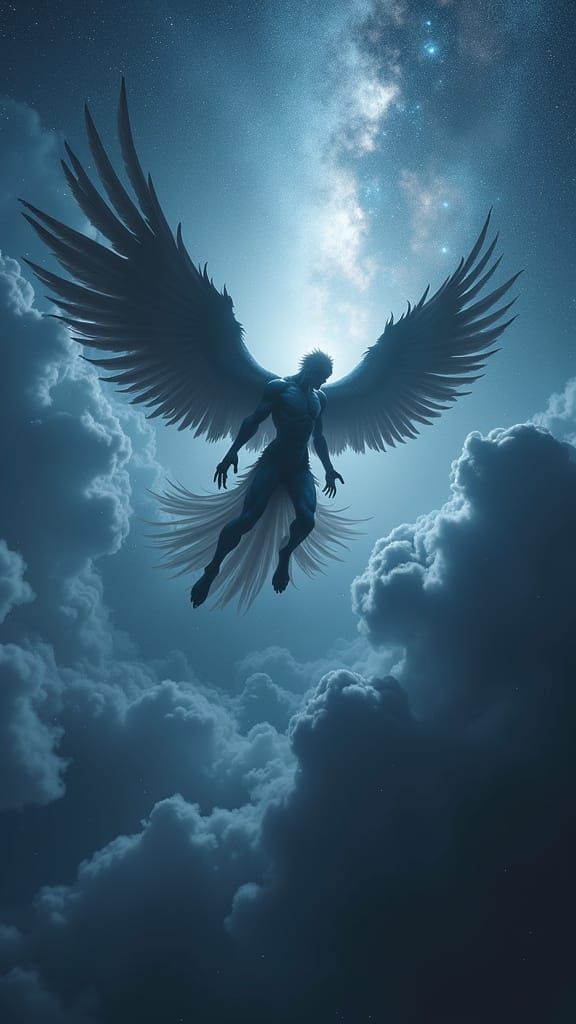 Colossal Winged Figure Falls Through Starry Night Sky