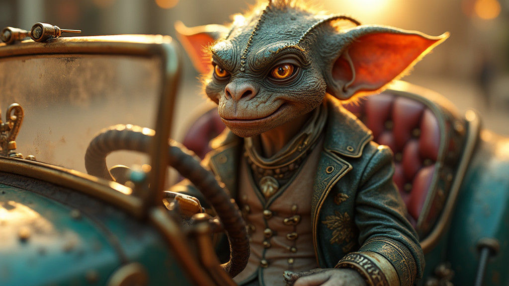 Steampunk Goblin Gentleman Awaits Assistant in Convertible