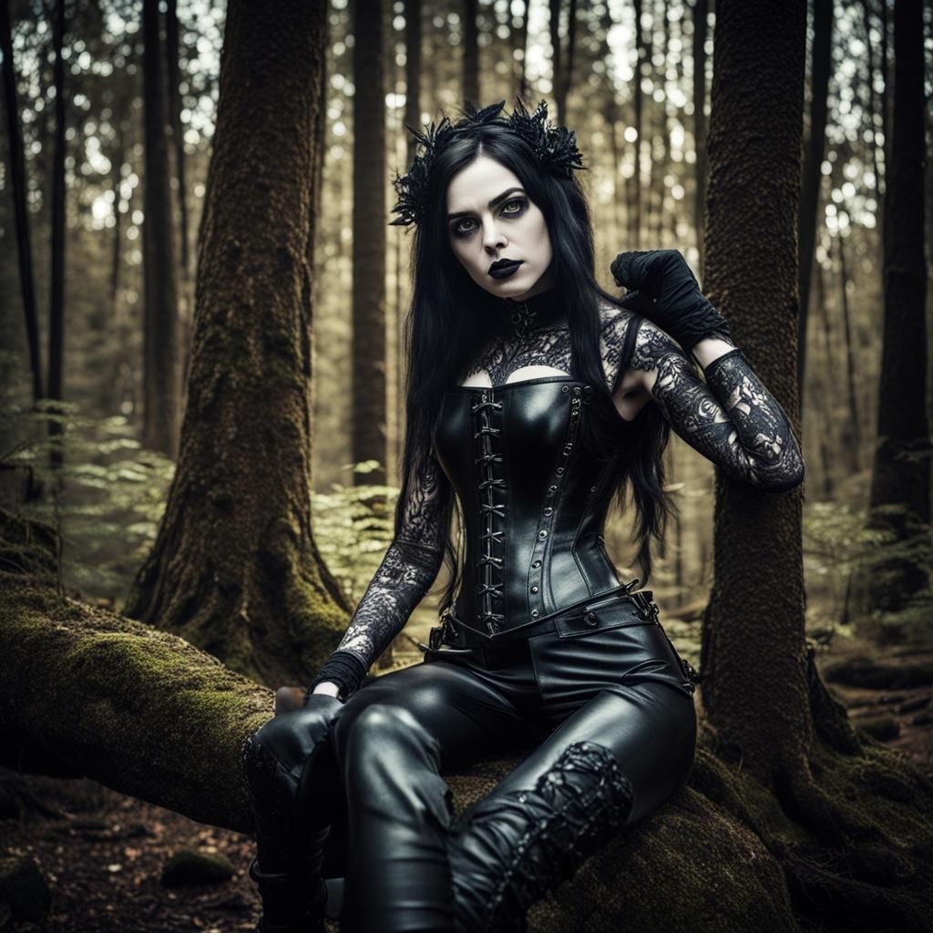 Gothic Woman in Latex Corset in Hyperrealistic Forest