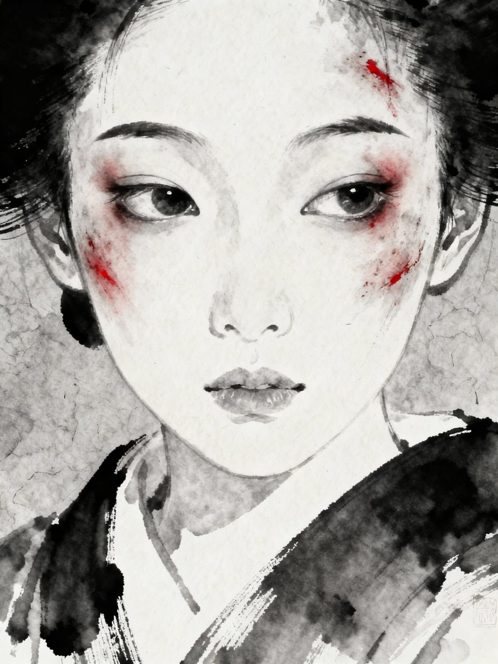 Bruised Geisha Close Up Minimalist Ink Drawing