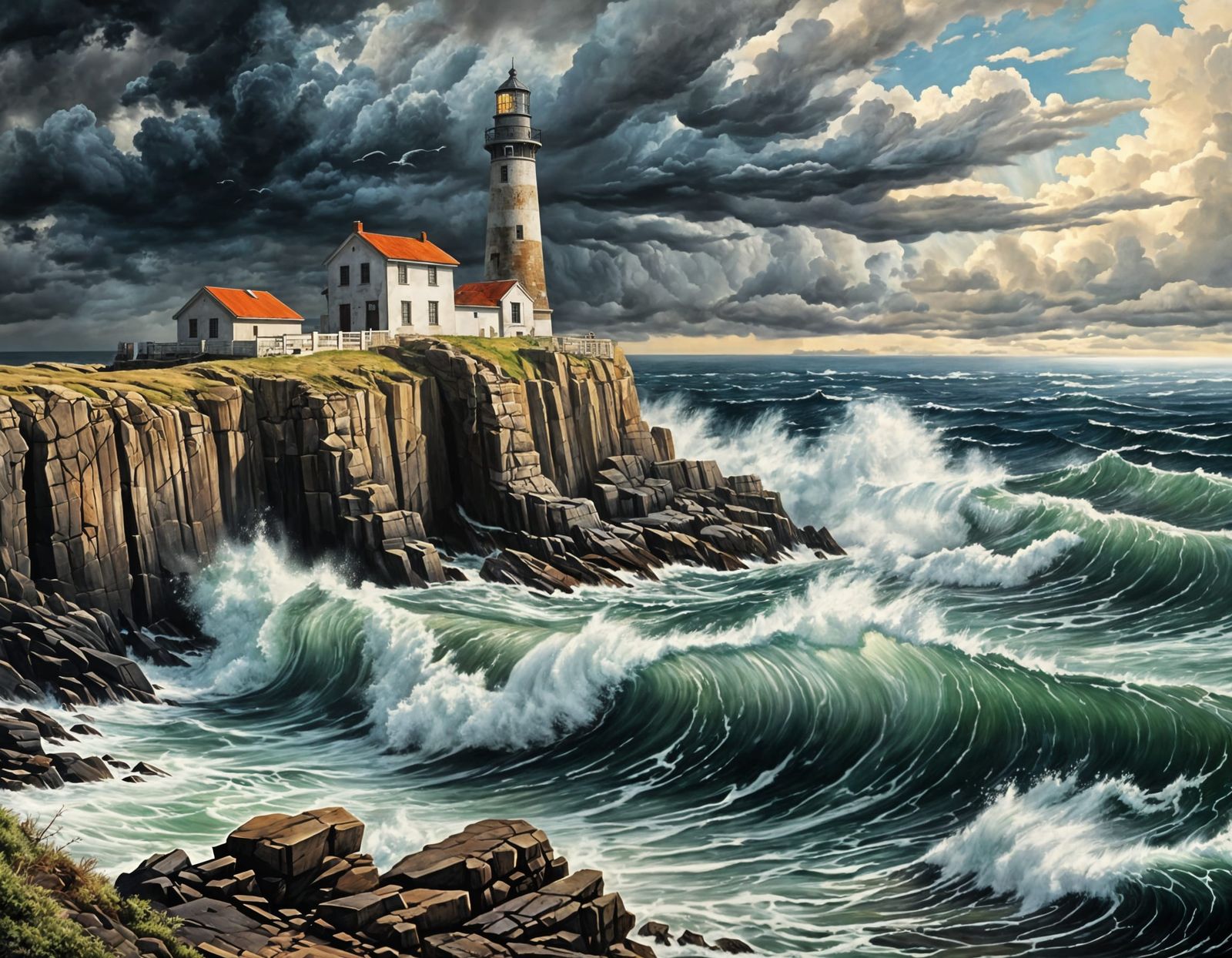 Atlantic Lighthouse in Oil Painting Style