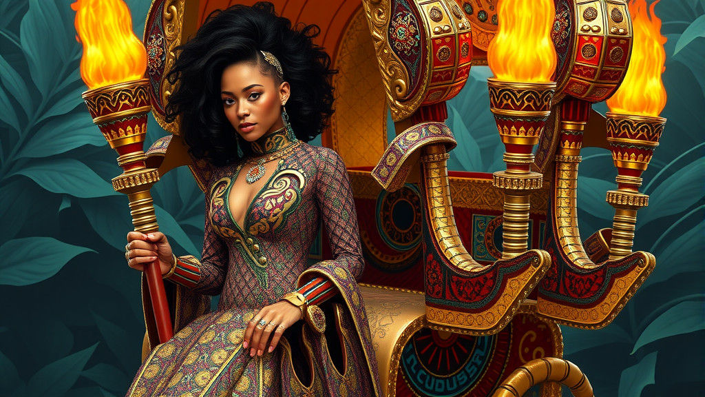 Futuristic Puerto Rican Queen on Ornate Palanquin