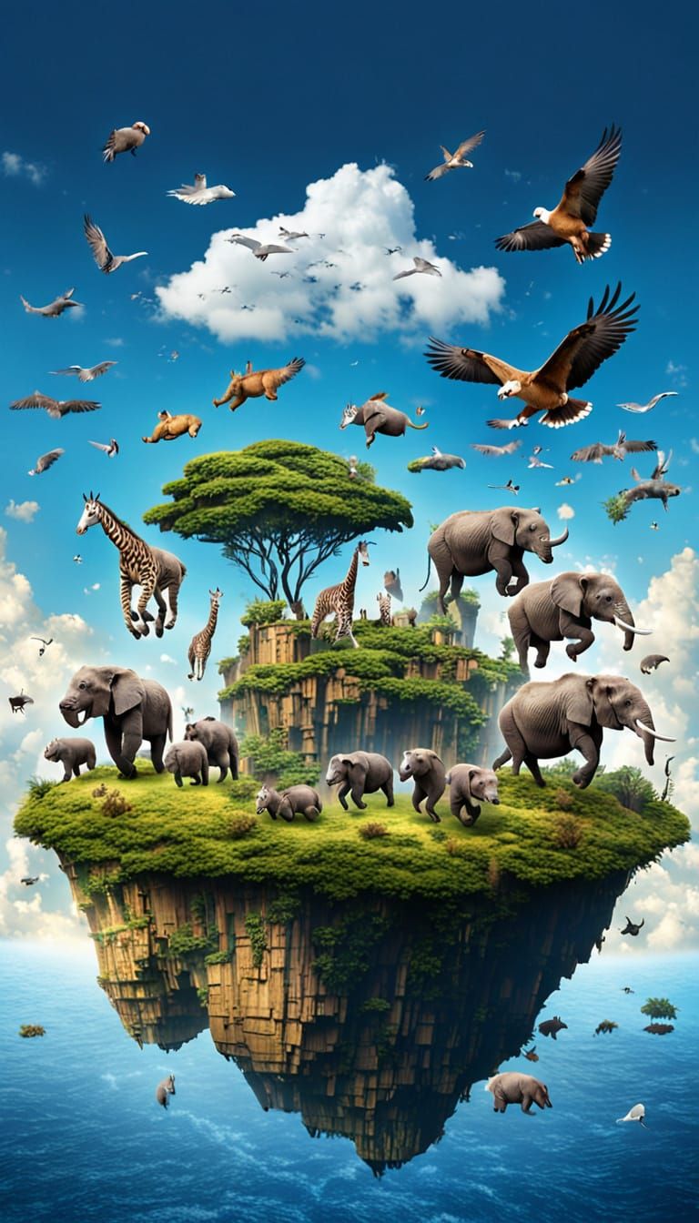 Island in Sky with Zoo Animals Running