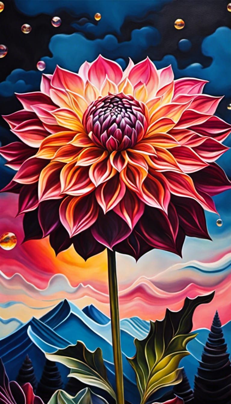 Glass Dahlia with Mountainscape in Hyperrealistic Style