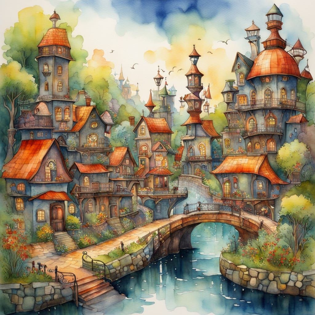 Steampunk Storybook Village in Vibrant Watercolor