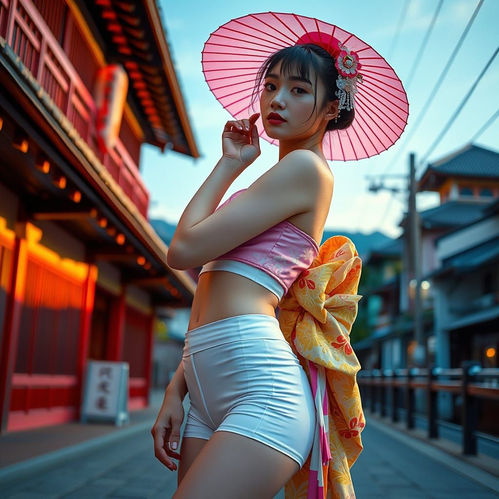 Geisha in Modern Attire Under Kyoto Sky