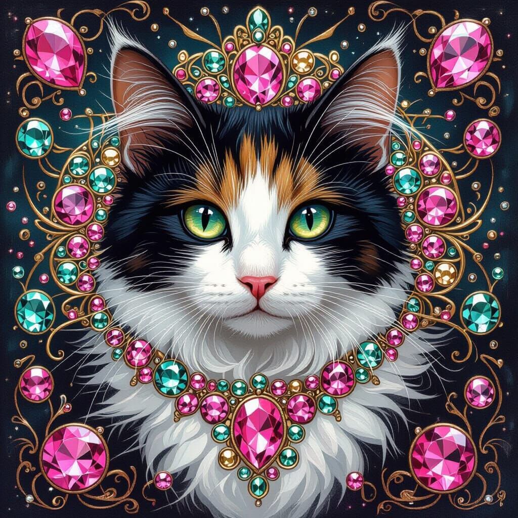 Calico Cat Ouda with Gems in Art Nouveau Style