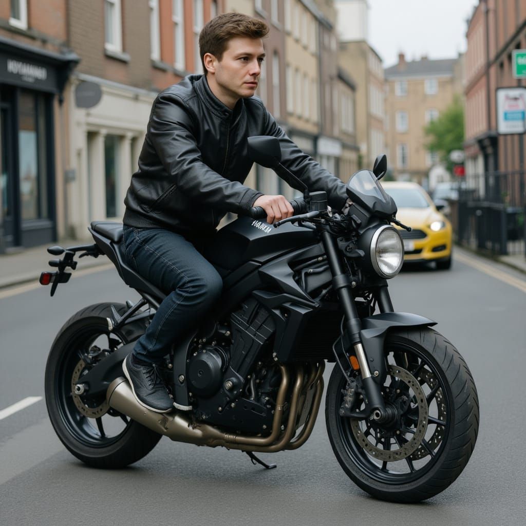 Handsome Man on Yamaha Bike in Futuristic Style