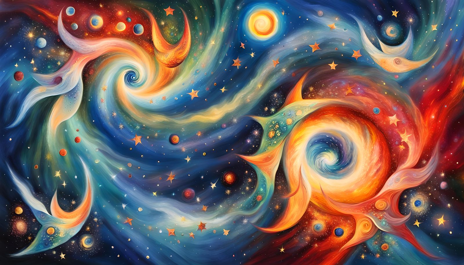 Star Clusters with Fire-Tailed Cosmic Vortex in Oil Paint