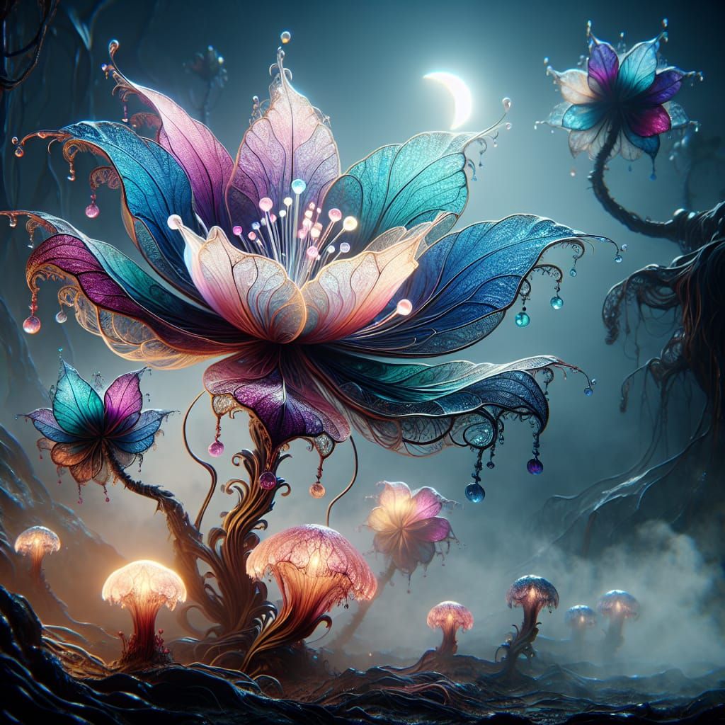 Surreal Bioluminescent Flower in Dark Fantasy Landscape