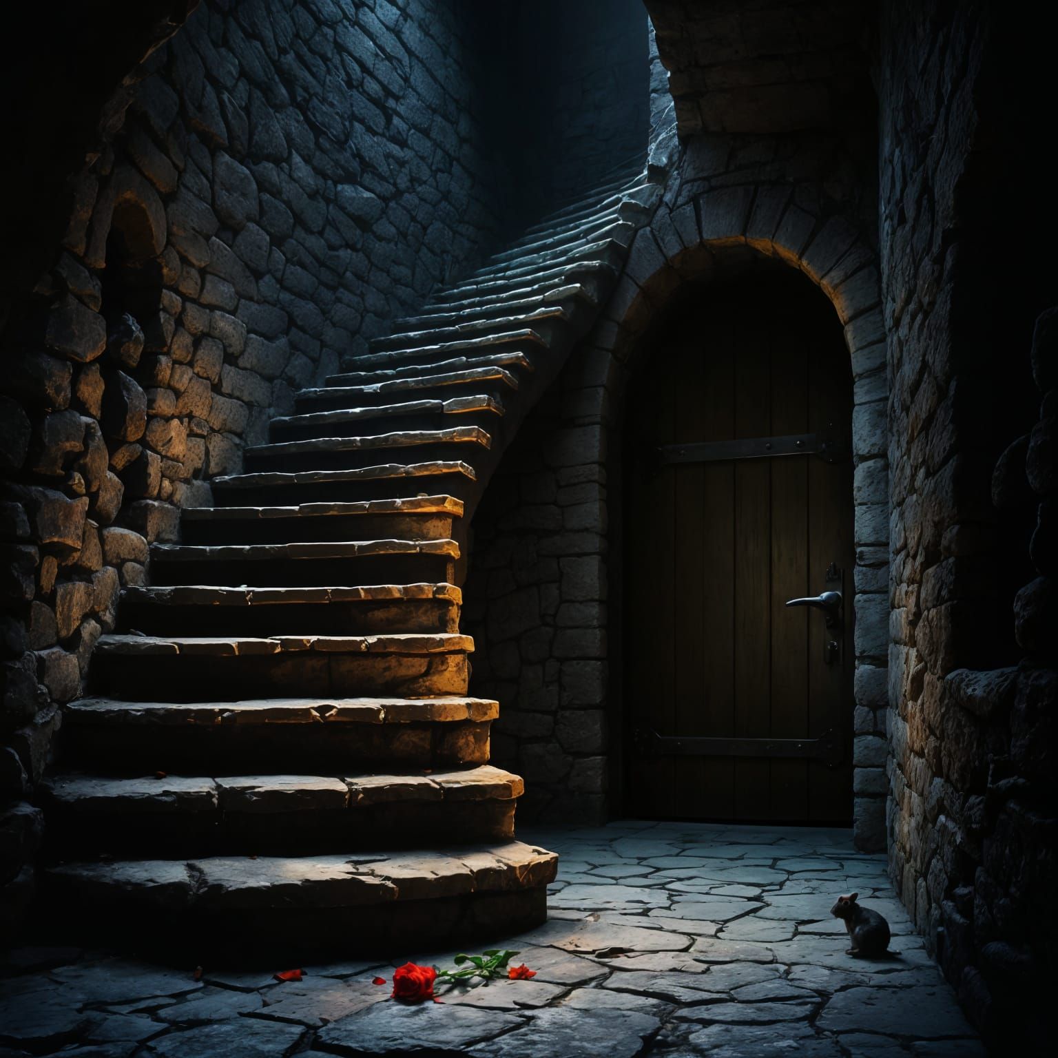 Medieval Castle Dungeon: Staircase with Red Rose