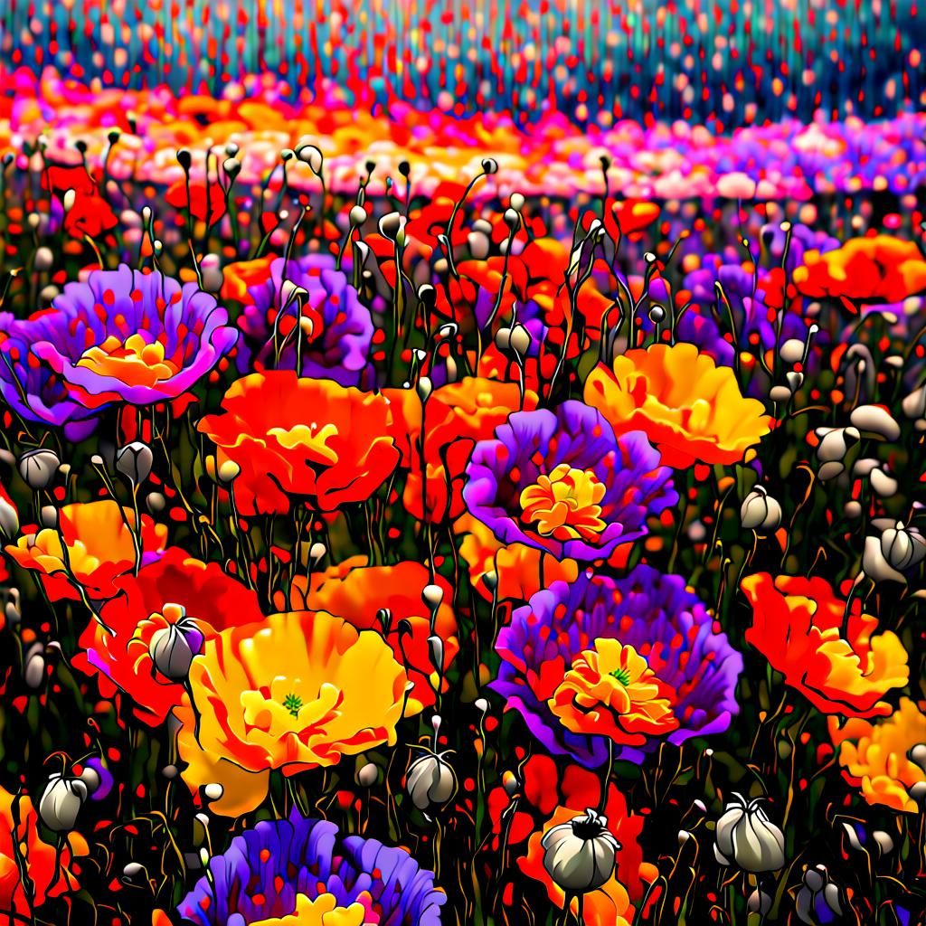 Colorful Iceland Poppies Field at Twilight