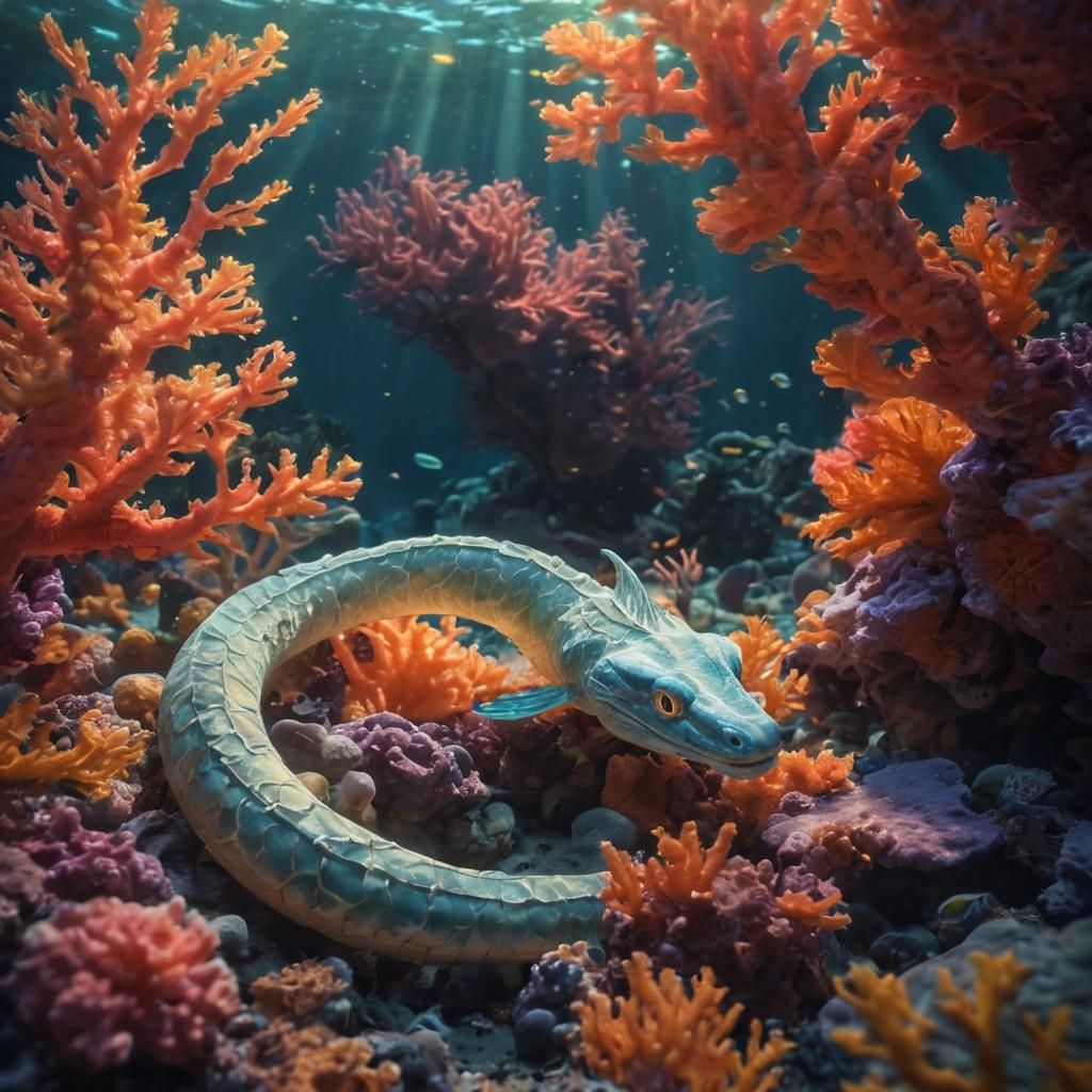 Majestic Sea Serpent Explores Vibrant Coral Reef in Dreamy U...
