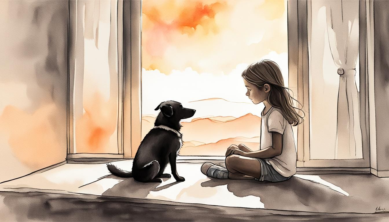 Girl and Dog Watching Sunset: Ink Wash Painting