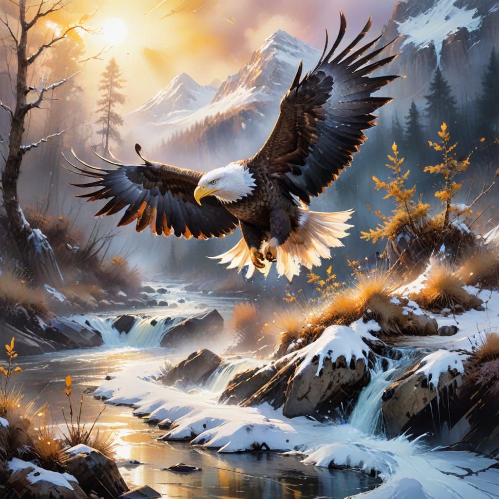 Bald Eagle Soaring Above River in Watercolour Style