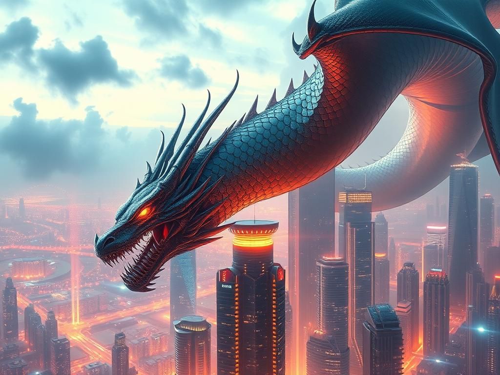 Dragon Over Neon City in Hyperrealistic Style