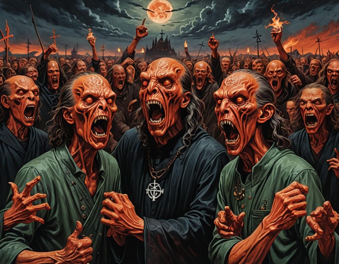 Cthulhu Cult Protesters in Surreal Oil Painting