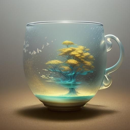 Woman Peering into Teacup with Miniature Scenes
