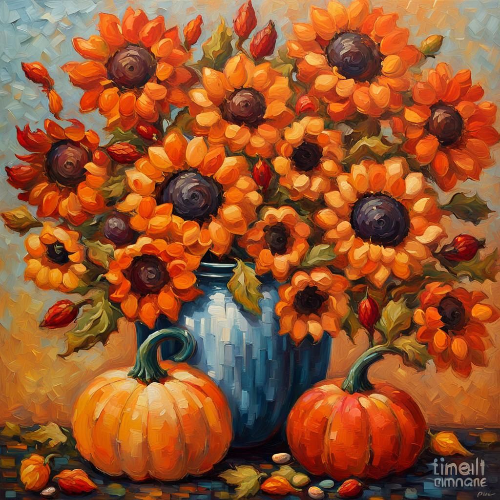 Impasto Fall Flower Vase with Pumpkins Oil Painting