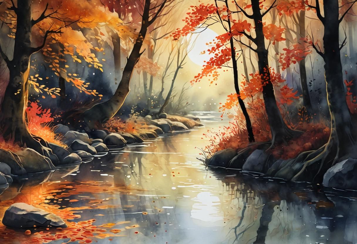 Whimsical Autumn Creek in Watercolor Style