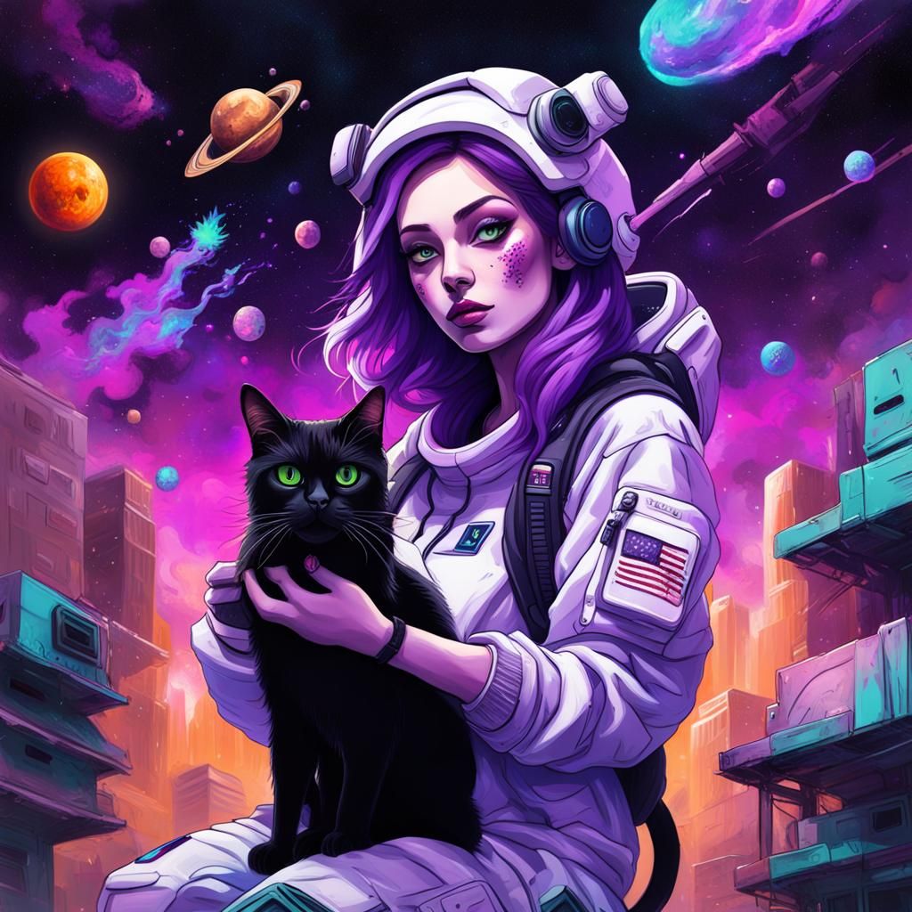 Girl with Cat in Nebula, Graffiti Art Style