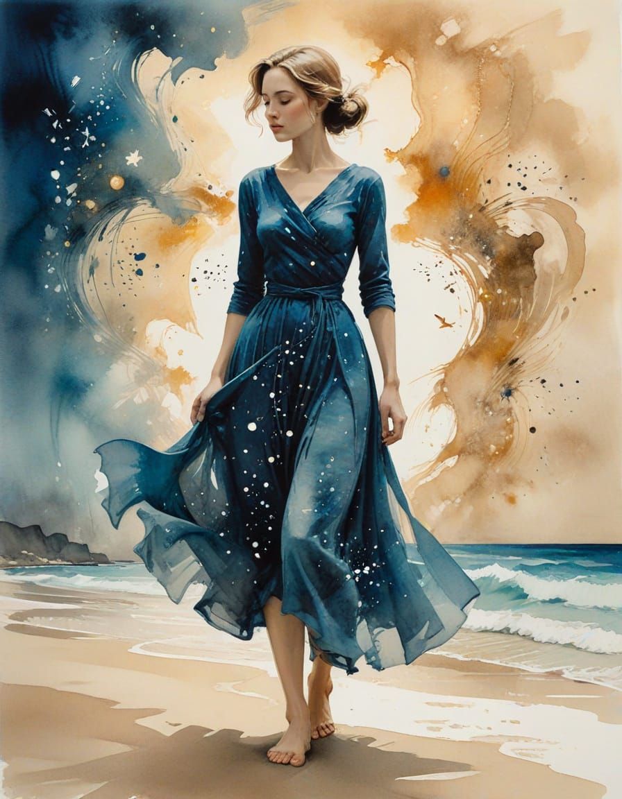 Woman in Constellation Dress on Bahamas Beach at Golden Hour