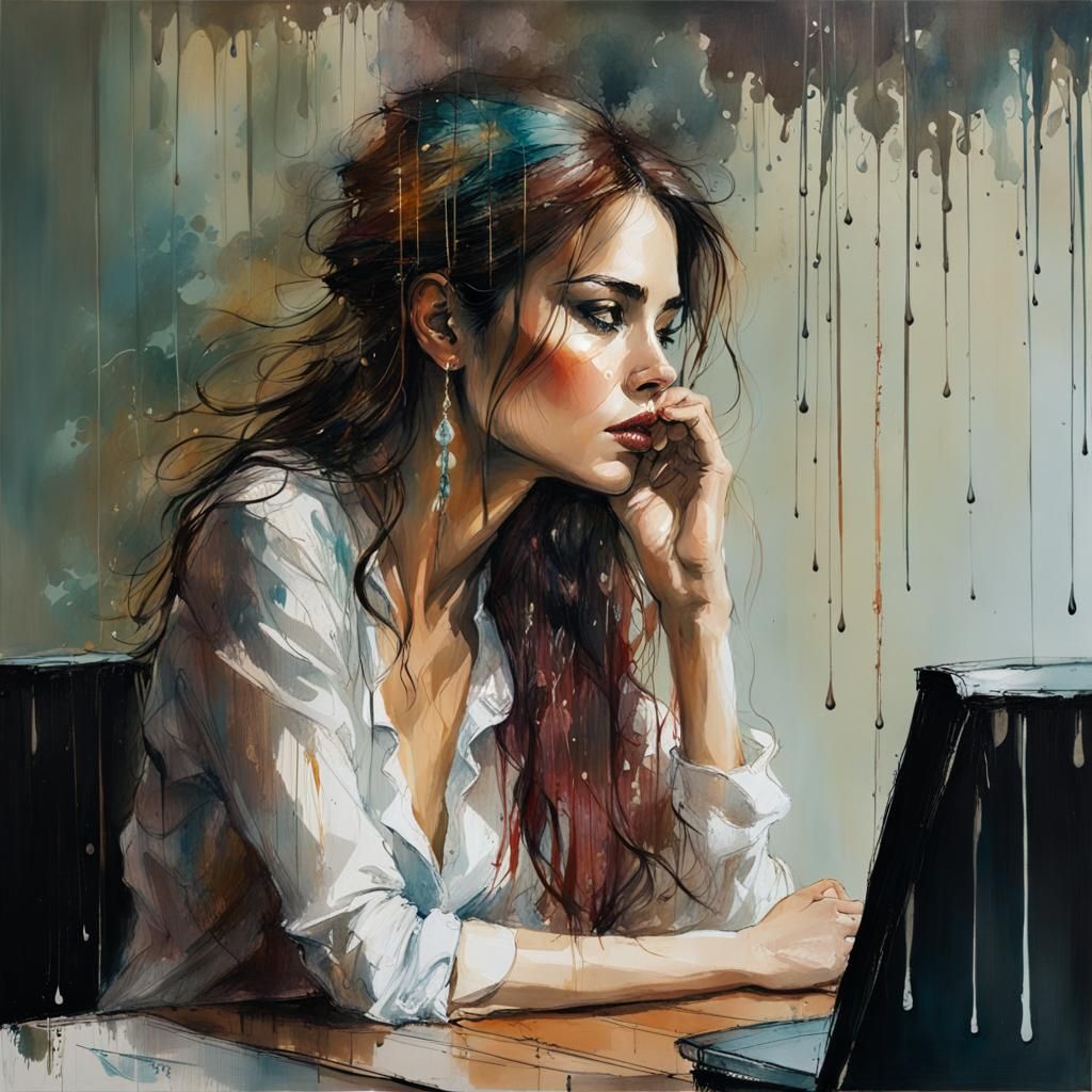 Woman in Restaurant Window: Oil Painting with Ink