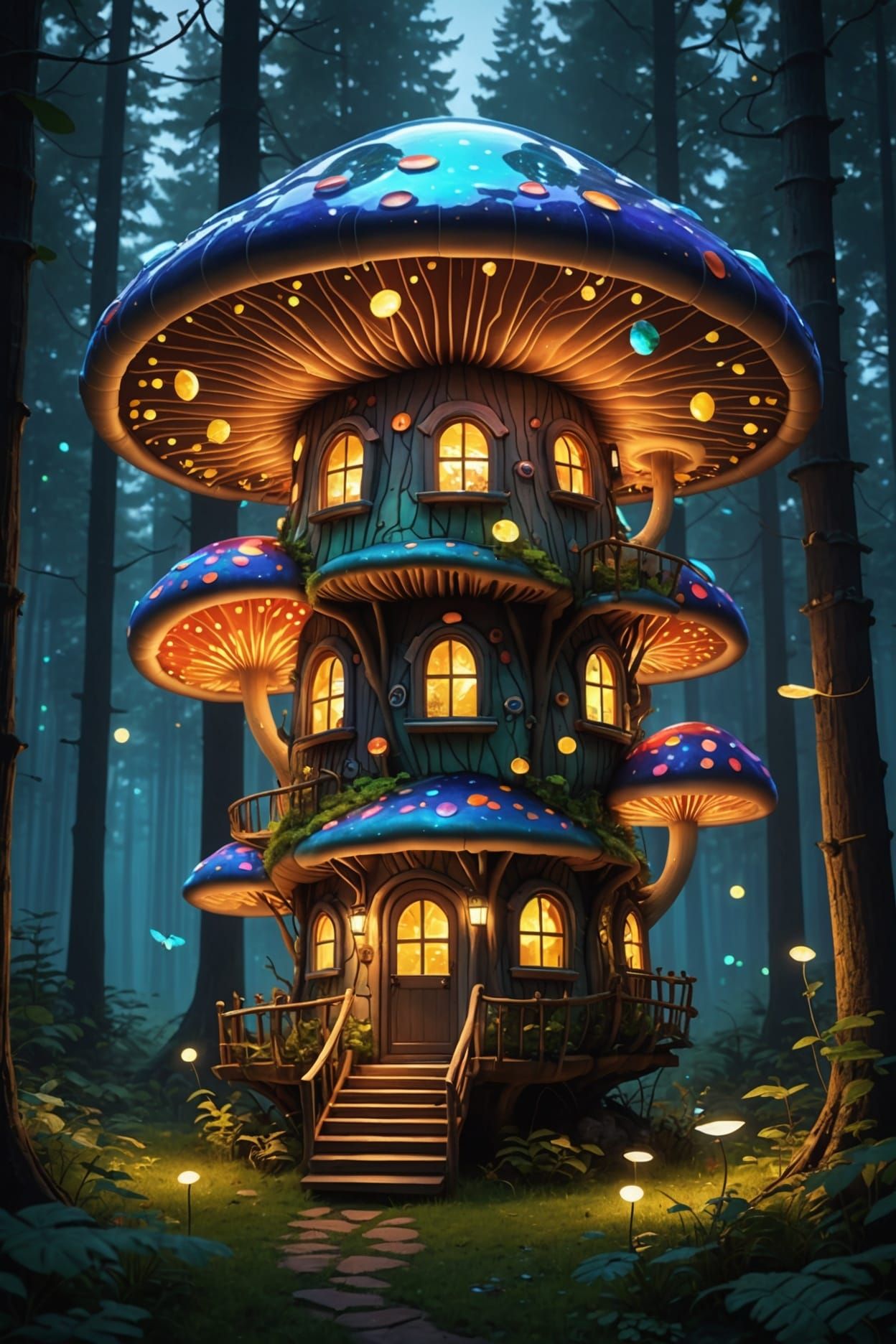 Glowing Mushroom House in Forest with Fireflies