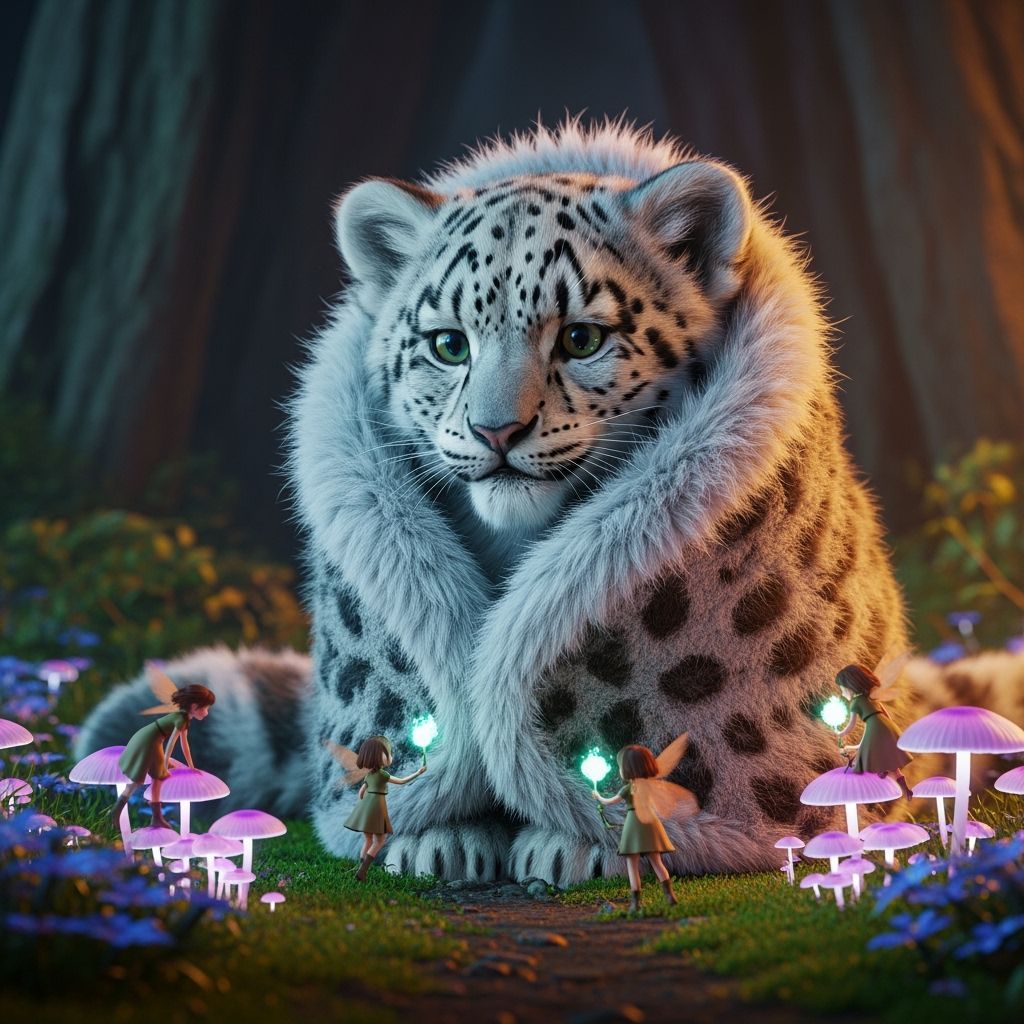 Snow Leopard Cub in Magical Forest, Ghibli Style