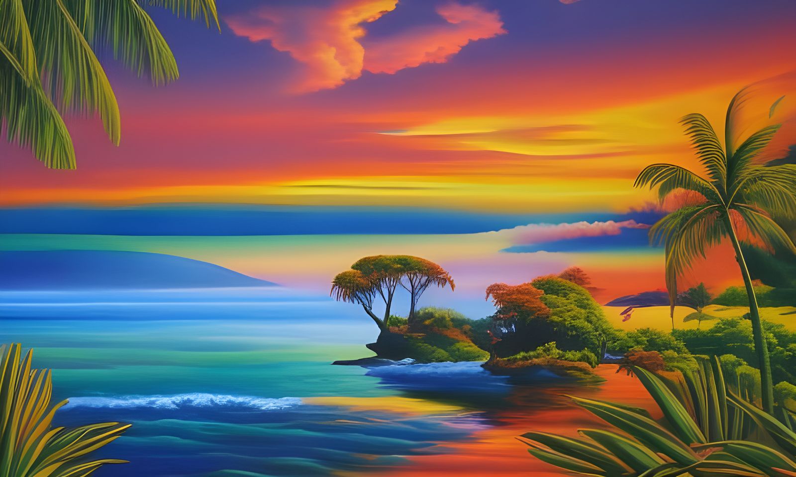 Tropical Island Sunset in Oil and Needlepoint