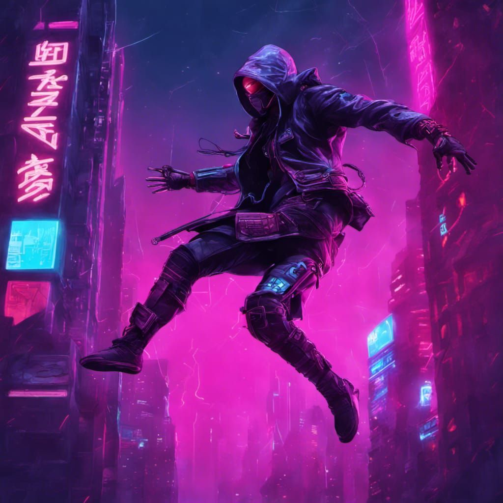 Cyberpunk Assassin Leaps in Neon City