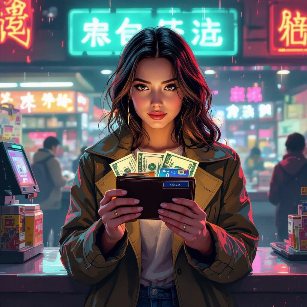 Woman with Wallet, Digital Art in Stalenhag Style