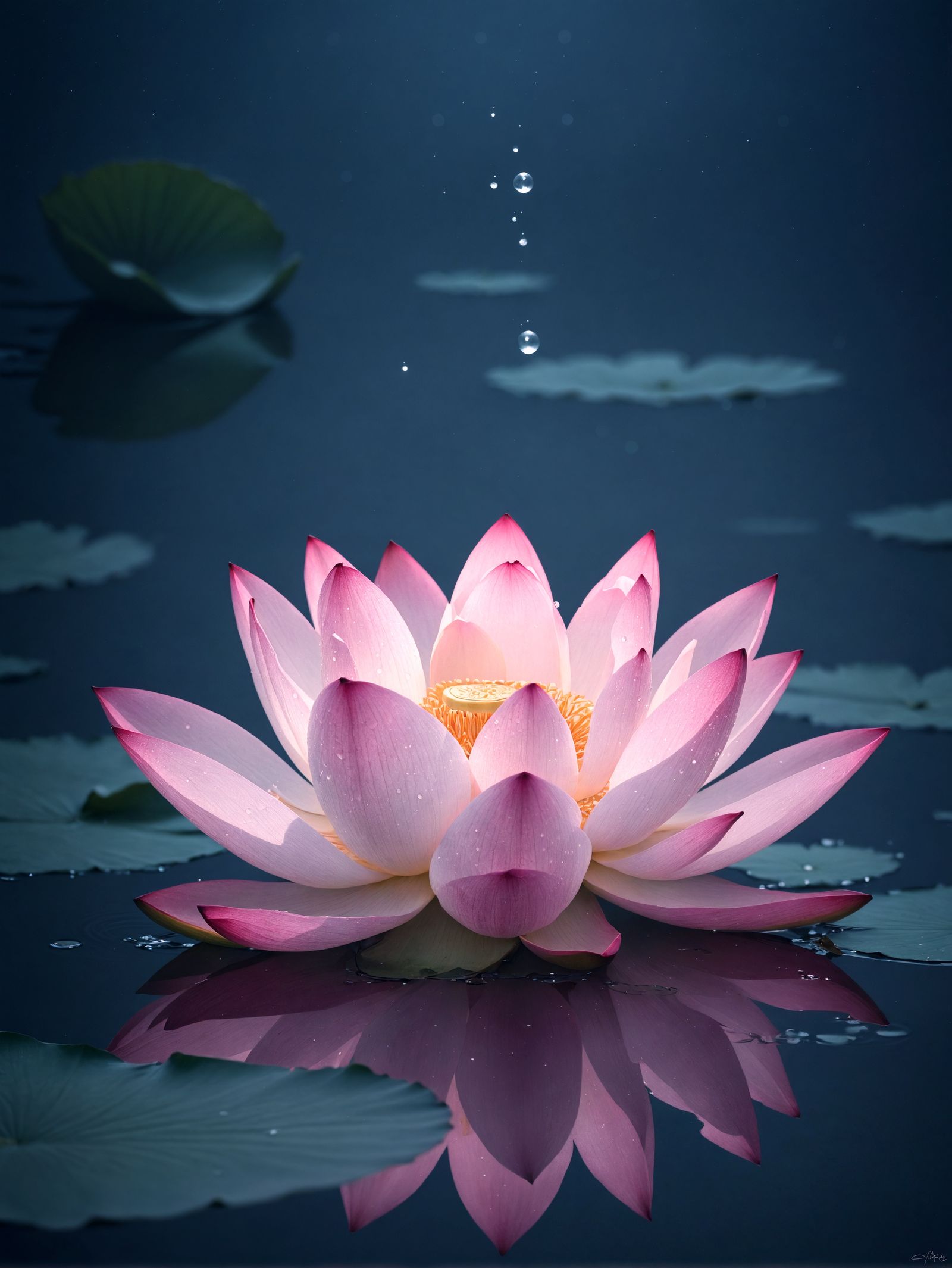 Exquisite Lotus Flower Blooms Under Moonlight