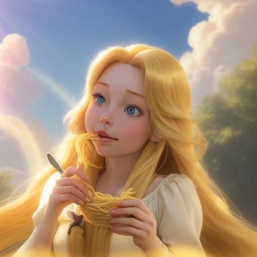 Rapunzel eating angle hair pasta
