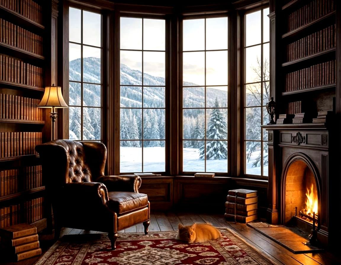 Cozy Library Corner with Snow View