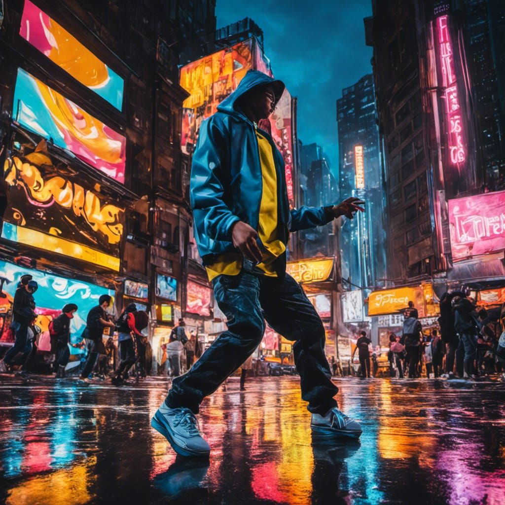 Energetic Boy Dances in Rainy City Street Art