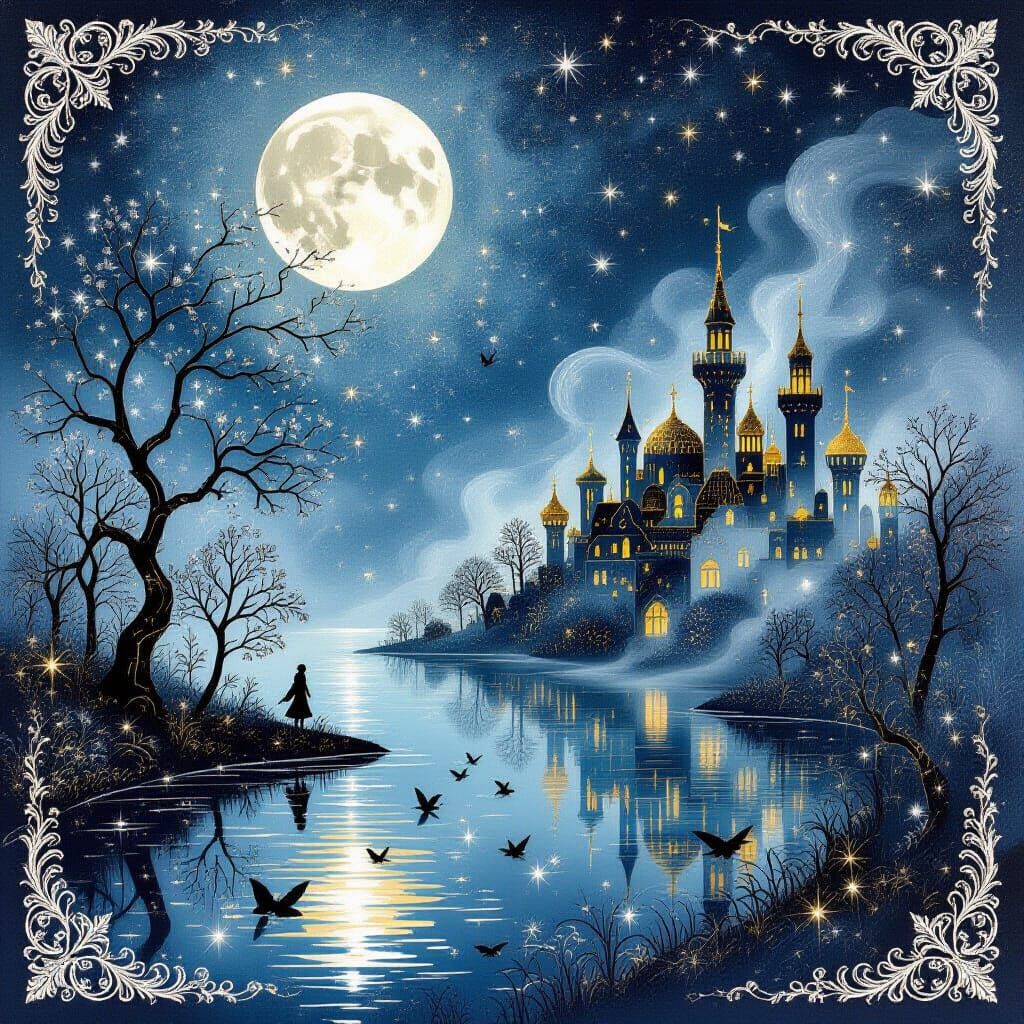 Dreamlike City Under Starry Night Sky with Gold and Silver E...