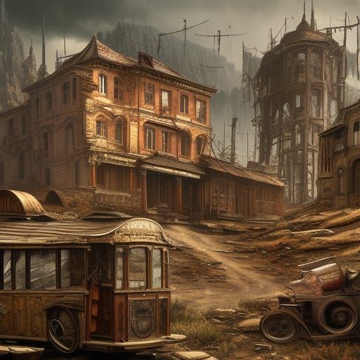 Dilapidated Western Ghost Town in Stormy Landscape