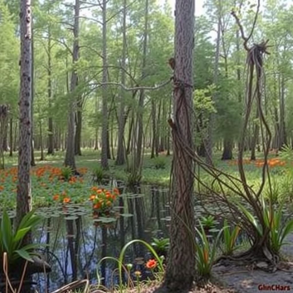 Bright Swamp Landscape in Watercolor and Gouache Style