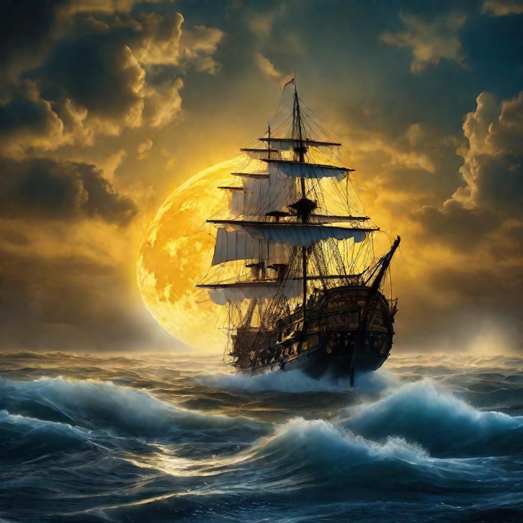 Majestic Ship Under Moon in Baroque Style