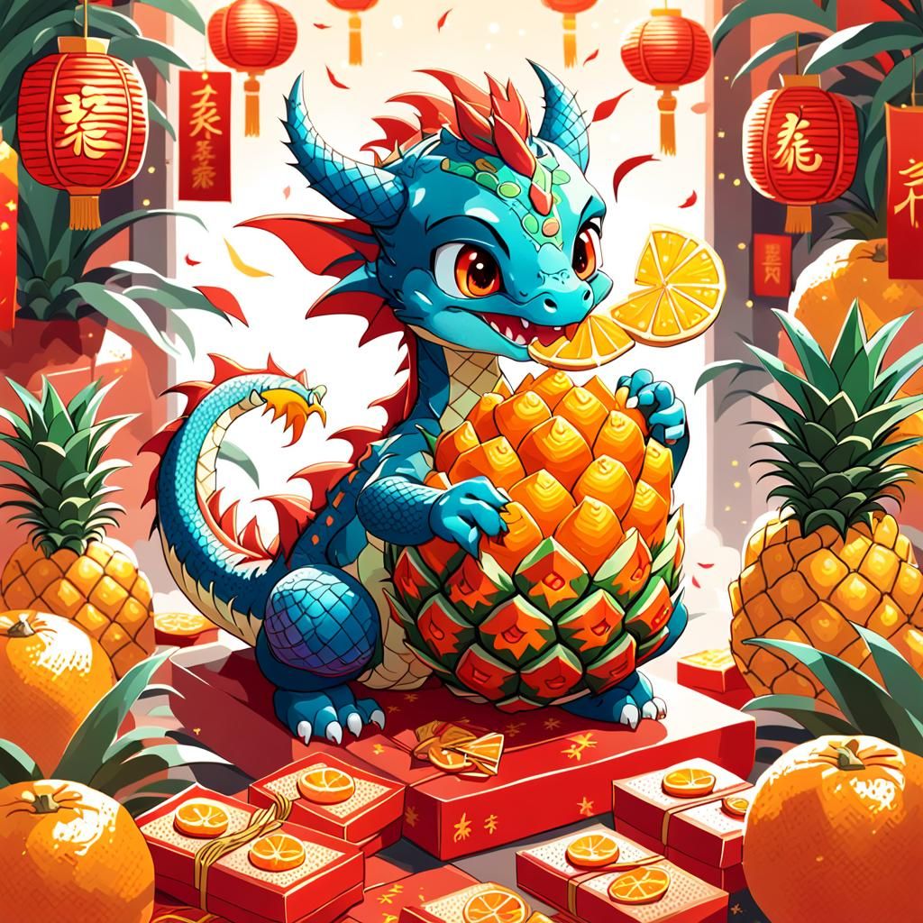 A cute baby dragon holding a pineapple and mandarin orange, wishing happy lunar new year. Surrounded by red packets.