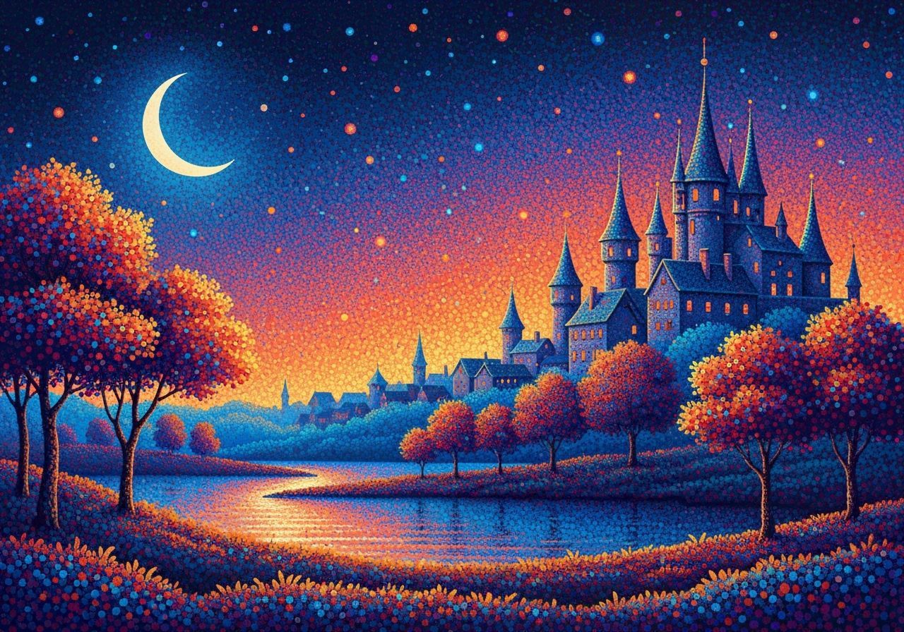 Fantastical Castle Town at Night in Pointillist Style