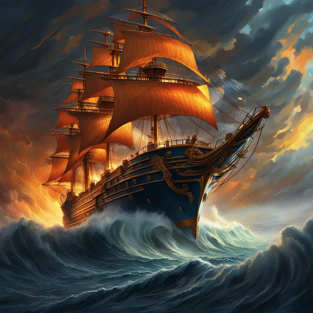 Majestic Ship Sails Through Stormy Sunset