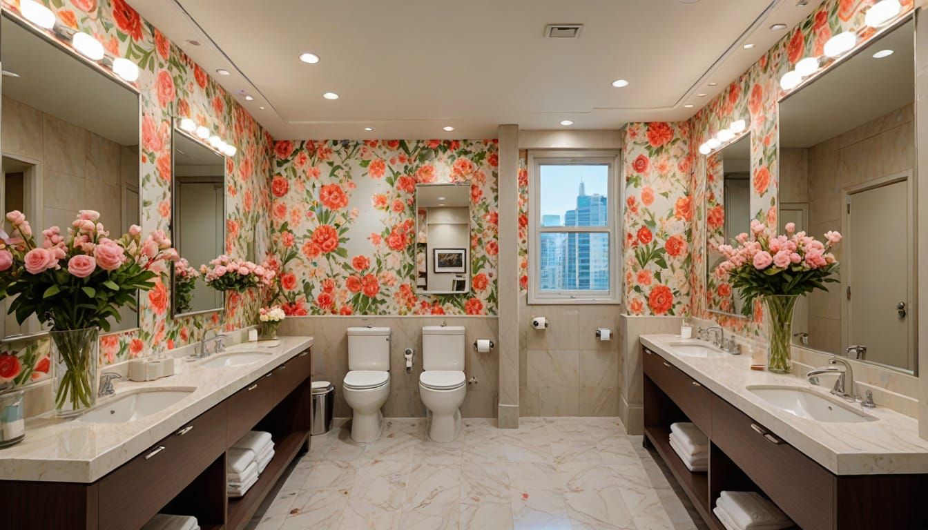 Elegant Women's Bathroom with Floral Accents and Mirrors
