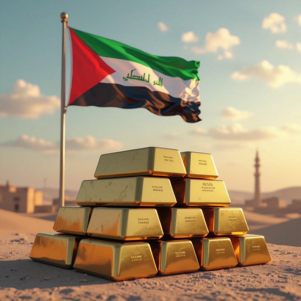 Iraqi Flag Behind Gold Bars in Digital Art Style